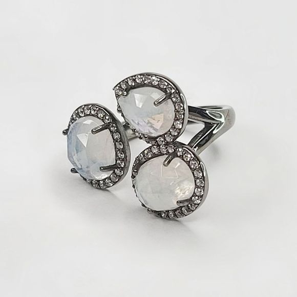 Triple Moonstone with Simulated Diamond Pave Bezel Adjustable Ring | 7½-11 - Picture 3 of 11